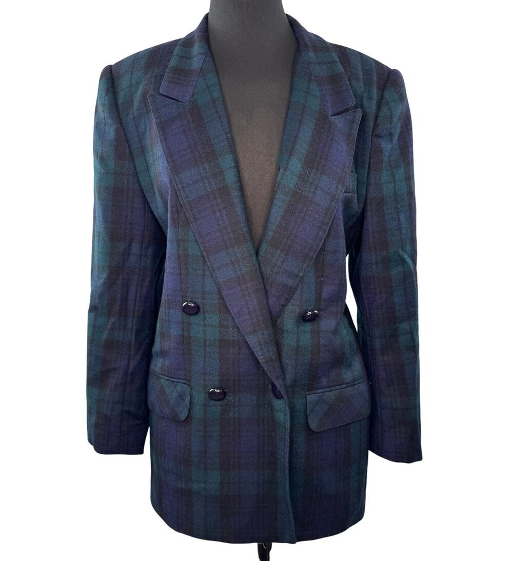 VINTAGE Giorgio Sant'Angelo Blazer Wool Academia Plaid Lapel Double Breasted VTG